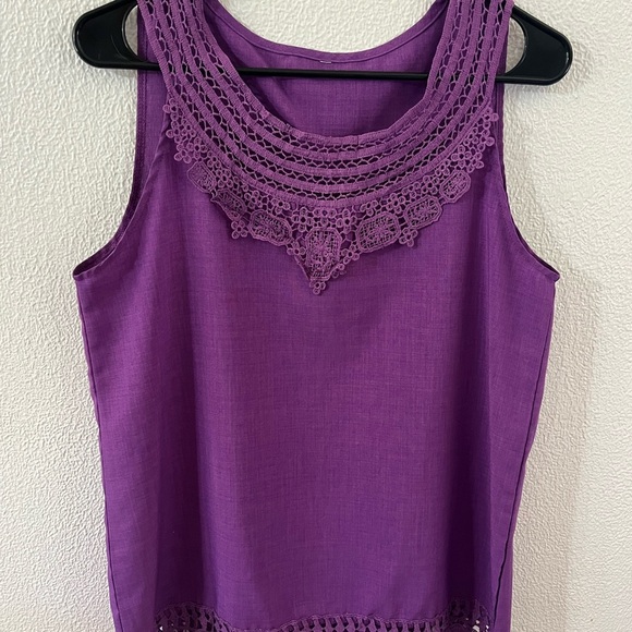 Tops - Purple Sleeveless Top Bohemian Indie Inspired Knit Lace Neck , Size M